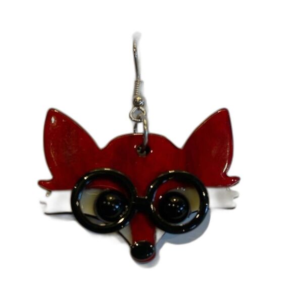Jewelry - Earrings Red Fox w/ Eye Glasses Cartoon Dangle Whimsical Statement Cartoon FUN